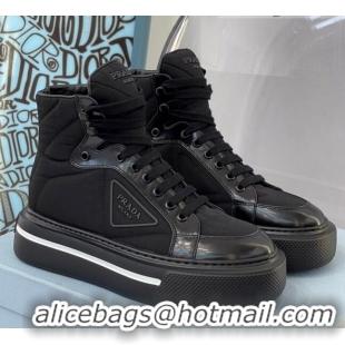 Best Luxury Prada Macro Re-Nylon and Brushed Leather High-Top Sneakers 091823 Black