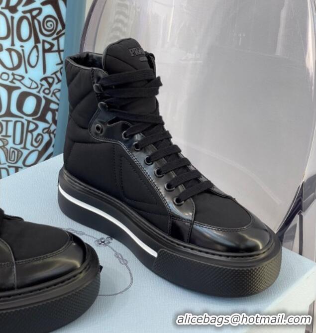 Best Luxury Prada Macro Re-Nylon and Brushed Leather High-Top Sneakers 091823 Black