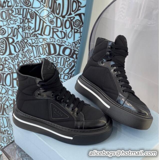 Best Luxury Prada Macro Re-Nylon and Brushed Leather High-Top Sneakers 091823 Black