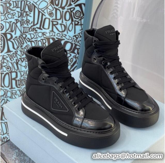 Best Luxury Prada Macro Re-Nylon and Brushed Leather High-Top Sneakers 091823 Black