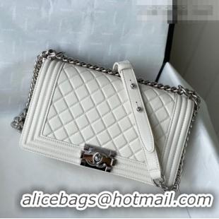 Top Quality Chanel Grained Calfskin Medium Boy Flap Bag A67086 White/Silver 2021