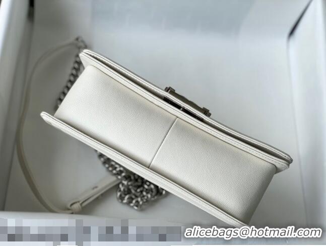 Top Quality Chanel Grained Calfskin Medium Boy Flap Bag A67086 White/Silver 2021