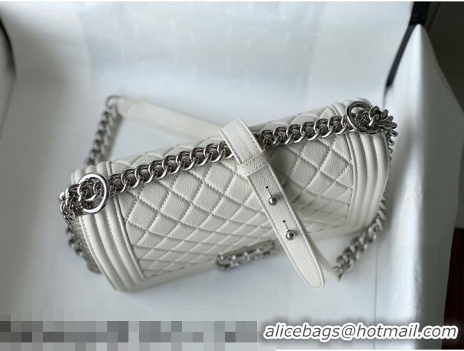 Top Quality Chanel Grained Calfskin Medium Boy Flap Bag A67086 White/Silver 2021