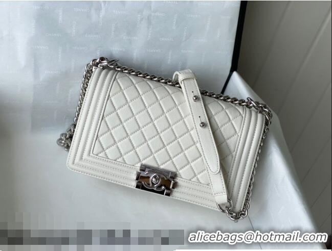 Top Quality Chanel Grained Calfskin Medium Boy Flap Bag A67086 White/Silver 2021