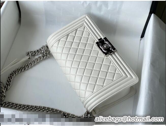 Top Quality Chanel Grained Calfskin Medium Boy Flap Bag A67086 White/Silver 2021