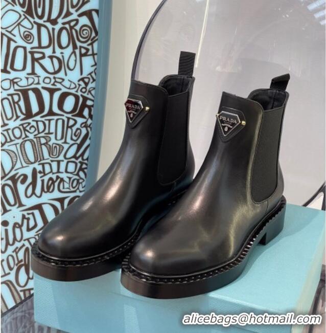 Discount Prada Shiny Calfskin Front Logo Short Boots 091826 Black