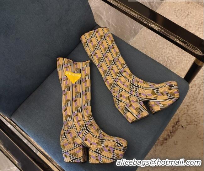 Perfect Prada Jacquard Knit Platform Calf Boots 6.5cm 092466 Yellow