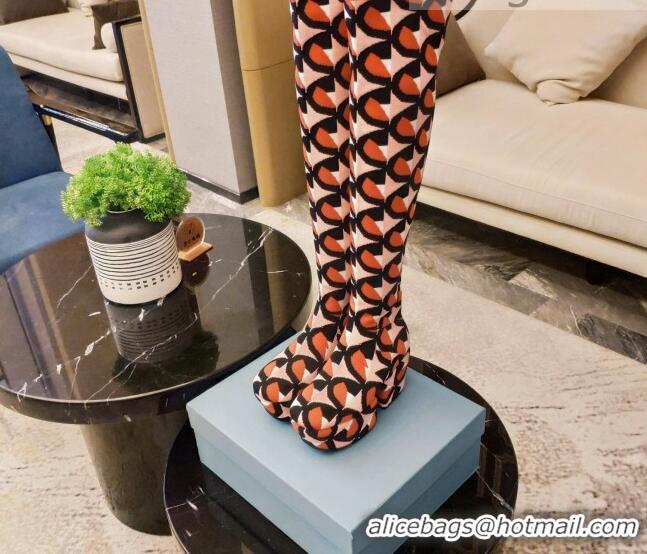 Best Luxury Prada Jacquard Knit Platform Over-Knee Boots 6.5cm 092468 Orange/Pink