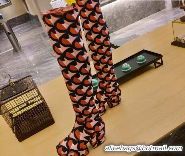 Best Luxury Prada Jacquard Knit Platform Over-Knee Boots 6.5cm 092468 Orange/Pink