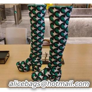 Popular Style Prada Jacquard Knit Platform Over-Knee Boots 6.5cm 092468 Green