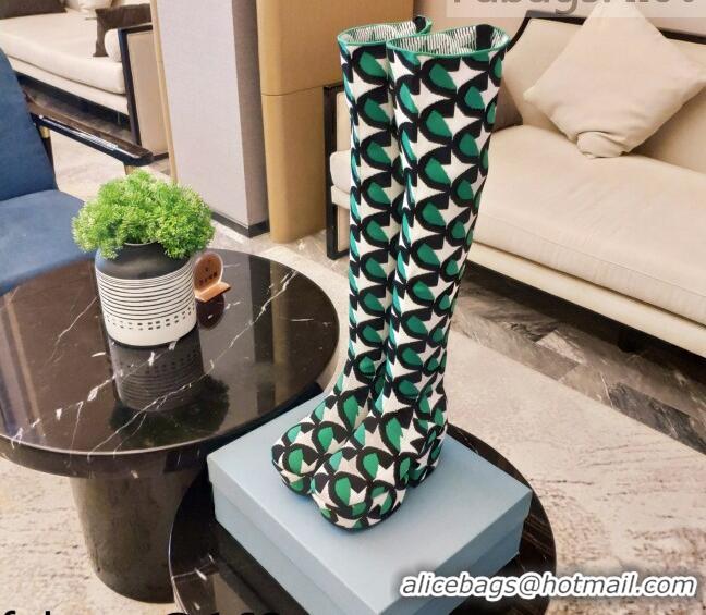 Popular Style Prada Jacquard Knit Platform Over-Knee Boots 6.5cm 092468 Green