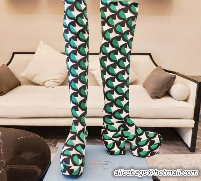 Popular Style Prada Jacquard Knit Platform Over-Knee Boots 6.5cm 092468 Green