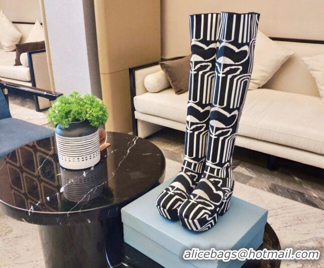 Top Grade Prada Jacquard Knit Platform Over-Knee Boots 6.5cm 092470 Black/White