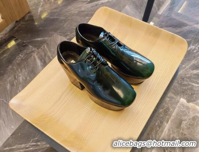 Good Quality Prada Shiny Leather Platform Lace-up Shoe 6.5cm 092477 Dark Green