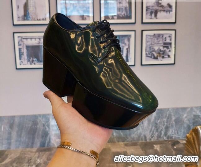 Good Quality Prada Shiny Leather Platform Lace-up Shoe 6.5cm 092477 Dark Green