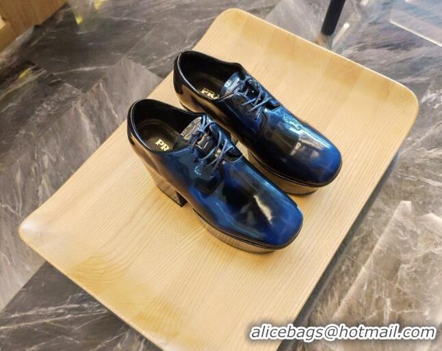 Low Cost Prada Shiny Leather Platform Lace-up Shoe 6.5cm 092477 Blue