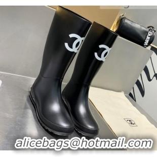 Best Design Chanel Vintage Rubber Rain Mid-High Boots Black 019052