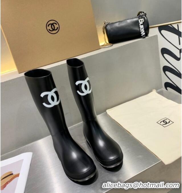 Best Design Chanel Vintage Rubber Rain Mid-High Boots Black 019052