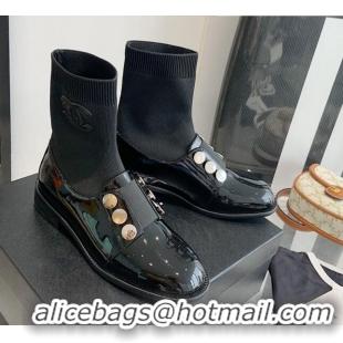 Best Price Chanel Patent Leather and Knit Sock Short Boots Black 091718