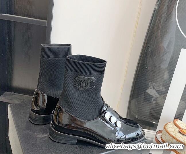 Best Price Chanel Patent Leather and Knit Sock Short Boots Black 091718