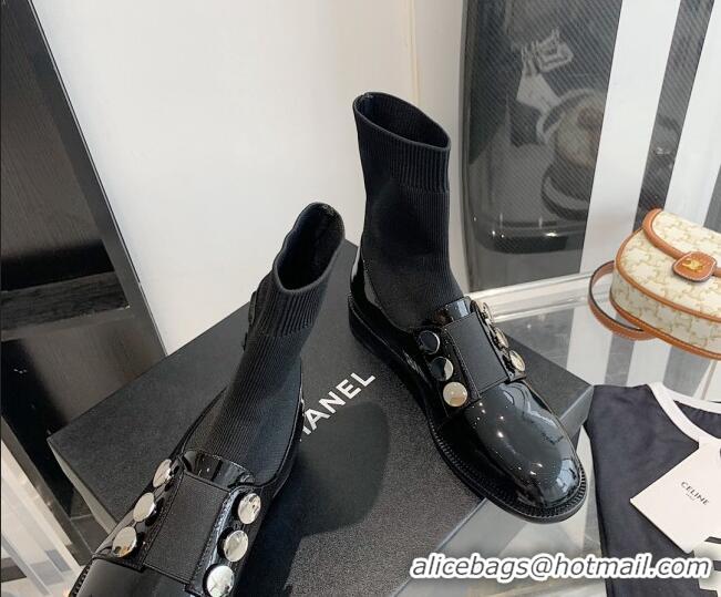 Best Price Chanel Patent Leather and Knit Sock Short Boots Black 091718