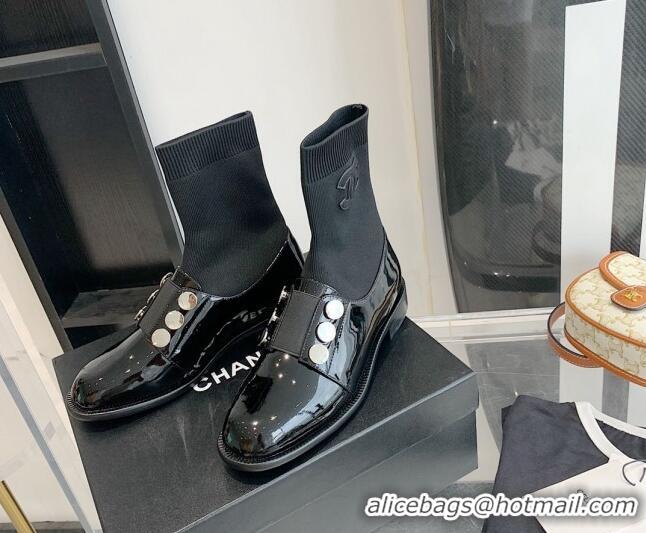 Best Price Chanel Patent Leather and Knit Sock Short Boots Black 091718