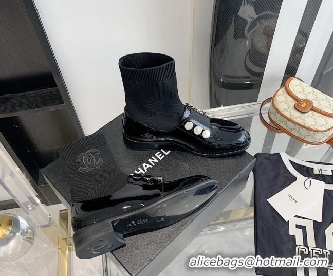 Best Price Chanel Patent Leather and Knit Sock Short Boots Black 091718