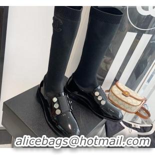 Elegant Chanel Patent Leather and Knit Sock High Boots Black 091719