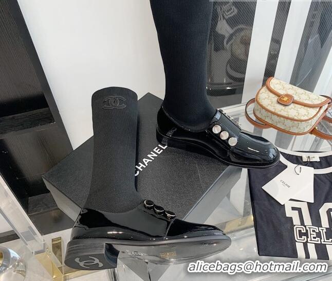 Elegant Chanel Patent Leather and Knit Sock High Boots Black 091719