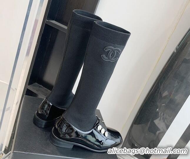 Elegant Chanel Patent Leather and Knit Sock High Boots Black 091719