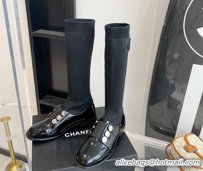 Elegant Chanel Patent Leather and Knit Sock High Boots Black 091719