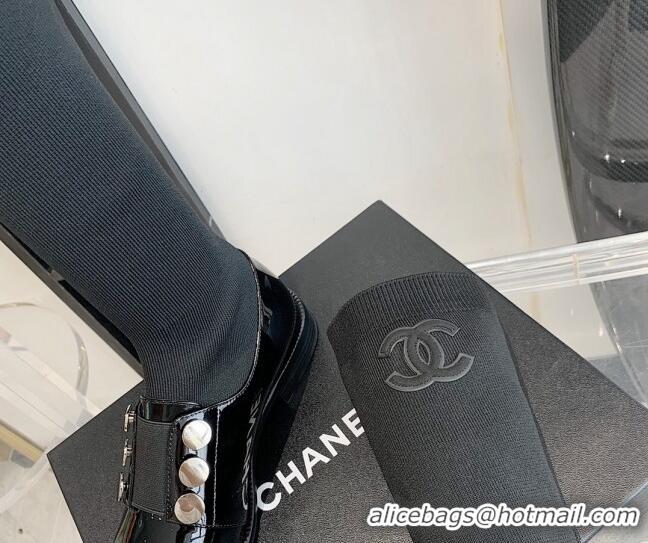 Elegant Chanel Patent Leather and Knit Sock High Boots Black 091719