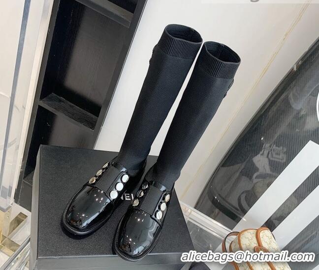 Elegant Chanel Patent Leather and Knit Sock High Boots Black 091719