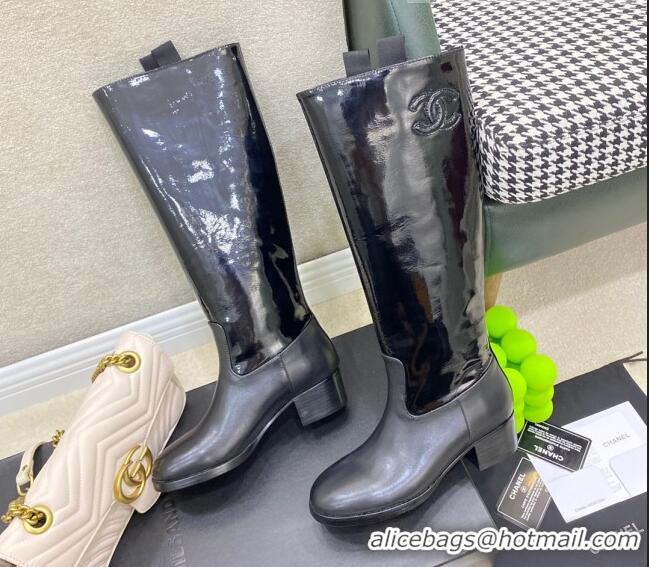 Good Product Chanel Calfskin and Patent Leather High Boots Black 091819