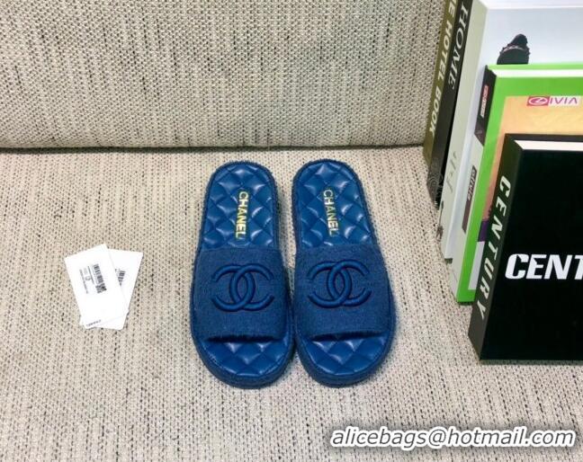 Super Quality Chanel Towel Platform Flat Slide Sandals G36901 Navy Blue