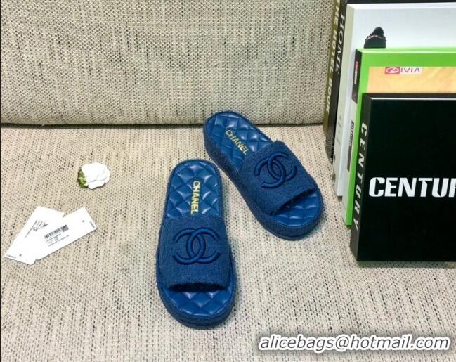 Super Quality Chanel Towel Platform Flat Slide Sandals G36901 Navy Blue