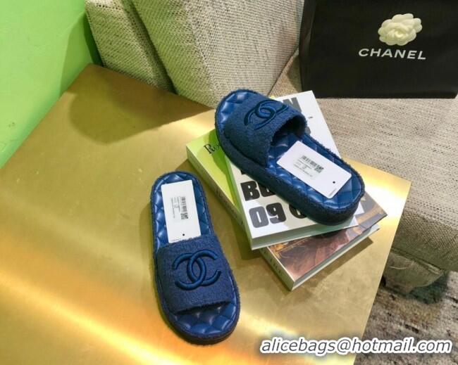 Super Quality Chanel Towel Platform Flat Slide Sandals G36901 Navy Blue