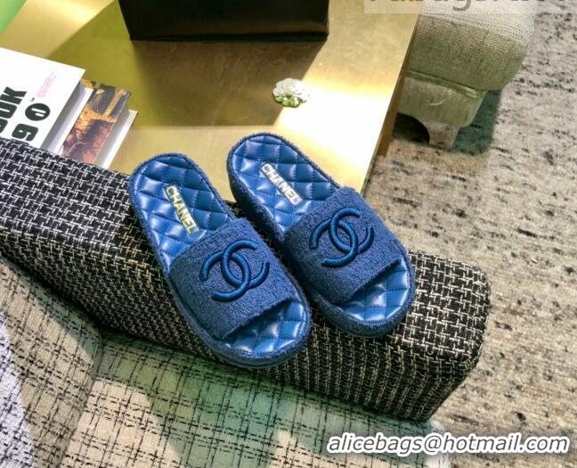 Super Quality Chanel Towel Platform Flat Slide Sandals G36901 Navy Blue