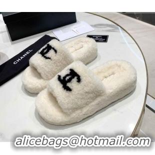 Discount Chanel Shearling Platform Slide Sandals 092342 White