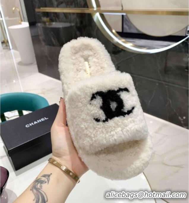 Discount Chanel Shearling Platform Slide Sandals 092342 White