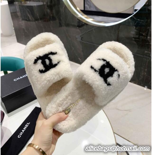 Discount Chanel Shearling Platform Slide Sandals 092342 White