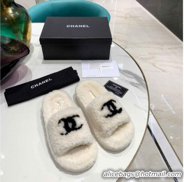 Discount Chanel Shearling Platform Slide Sandals 092342 White