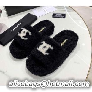 Best Luxury Chanel Shearling Platform Slide Sandals 092342 Black