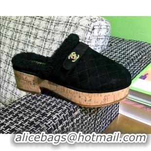 Good Quality Chanel Suede and Shearling Clogs Mules 4.5cm G38271 Black