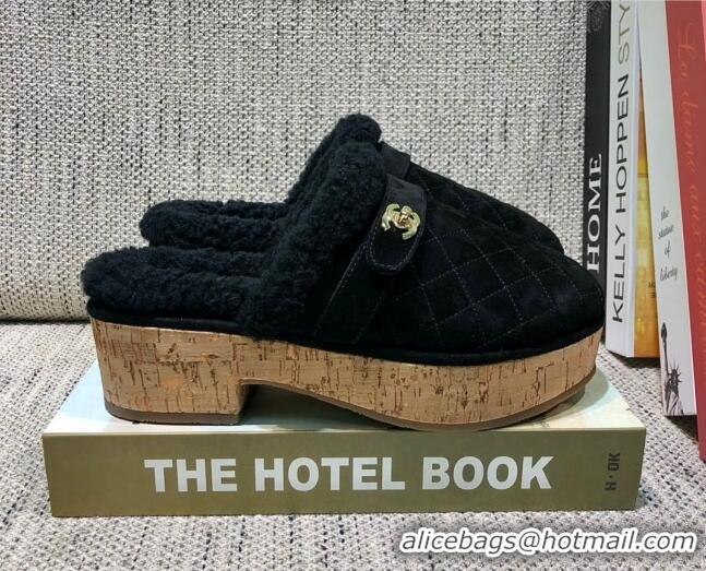 Good Quality Chanel Suede and Shearling Clogs Mules 4.5cm G38271 Black