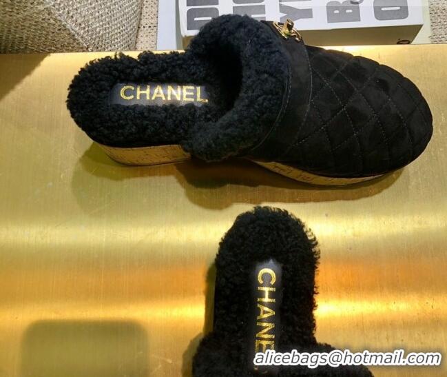 Good Quality Chanel Suede and Shearling Clogs Mules 4.5cm G38271 Black