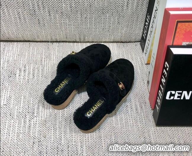 Good Quality Chanel Suede and Shearling Clogs Mules 4.5cm G38271 Black