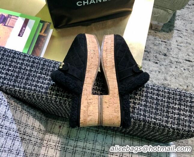 Good Quality Chanel Suede and Shearling Clogs Mules 4.5cm G38271 Black