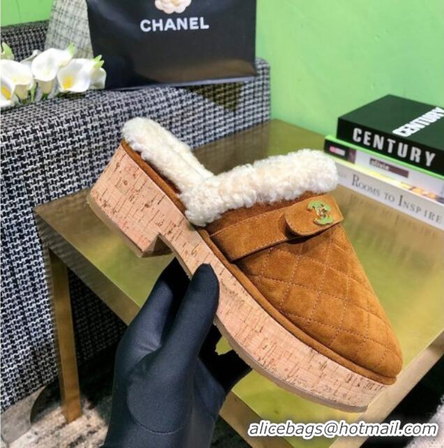 Discount Chanel Suede and Shearling Clogs Mules 4.5cm G38271 Brown