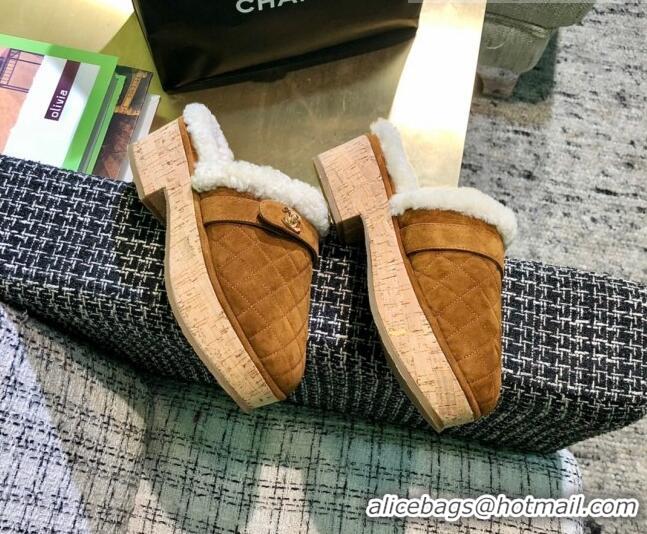 Discount Chanel Suede and Shearling Clogs Mules 4.5cm G38271 Brown